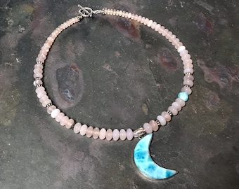 Blue Moon Necklace | Glowing Pink Turkish Chalcedony Gemstones | Larimar Crescent in Sterling Silver | Antique High Grade Silver from India