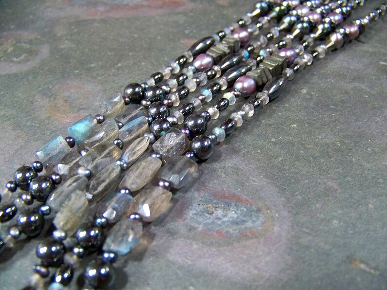 Stone Cube Necklace Long Hematite Necklace Beaded Bib Necklace Multistrand Labradorite Jewelry OOAK Geometric Statement Necklace