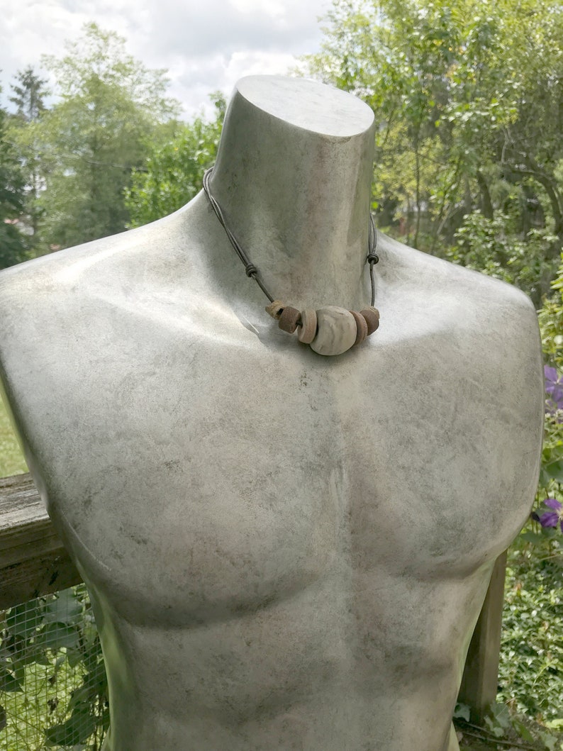 Ancient Clay Necklace for Man Men's Leather Choker Tribal Mens Jewelry with Fossils, Old Alabaster Bead and Precolumbian Spindle Whorls image 3