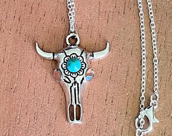 Cow Skull Necklace. Turquoise Steerhead Pendant. Longhorn Cattle Jewelry. Western Themed Jewelry. Stackable Necklaces. Cowgirl Ensemble.