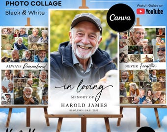Puede incluir: Una plantilla de collage de fotos funerarias con un retrato central de un hombre mayor con gorra, rodeado de fotos pequeñas en blanco y negro. El texto incluye Funeral Photo Collage, Always Remembered, Never Forgotten y In Loving Memory of Harold James 09.07.1945 - 18.01.2025.