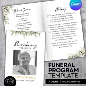 Funeral Program Template for Memorial Service, Celebration of Life, Simple Funeral Memorial program, Order of Service Funeral Program Canva