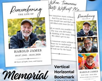 Modelo de Canva para Cartão de Oração Memorial e Marcador de Páginas, Lembrança Funerária para Celebração da Vida | Download Instantâneo