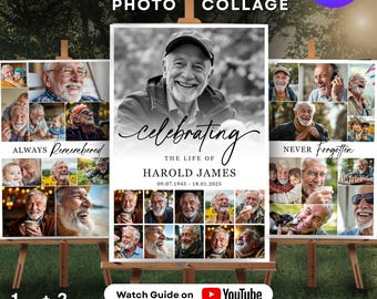 Modelo de colagem de fotos de funeral: Celebração da vida, placa memorial (Canva, download instantâneo, 13 tamanhos)