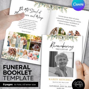 Puede incluir: Plantilla de folleto funerario con un diseño floral verde y blanco. El folleto es de doble pliegue y tiene 8 páginas. El texto de la portada dice "Recordando la vida de Karen Mitchell" e incluye las fechas del 20 de marzo de 1940 al 12 de mayo de 2024. El texto también incluye la fecha y hora del servicio fúnebre: sábado 20 de julio de 2024 a las 10:00 AM.