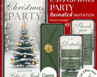 May include: Digital Christmas party invitation displayed on multiple smartphone screens. The design features a snow-covered pine tree with gold ornaments, green accents, and text including "Please join us for a Christmas party" and "Hosted by Lily & Jack."