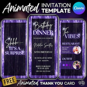 Animated Birthday dinner video invitation, digital glam birthday invitation, text invitation dinner party, birthday itinerary evite template