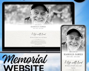 Modelo de site para celebração da vida, página de homenagem póstuma, download instantâneo e editável no Canva.