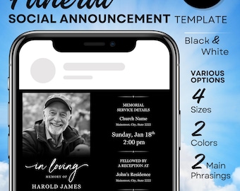 Modelo de postagem editável para redes sociais sobre funerais: anúncio memorial em forma de publicação no Canva.