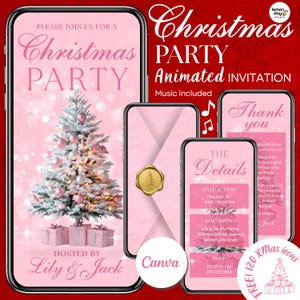 Puede incluir: Una plantilla de invitación digital para una fiesta de Navidad en tres teléfonos inteligentes. El diseño rosa muestra un árbol de Navidad decorado, regalos y texto que incluye "Please join us for a Christmas party" y "Hosted by Lily & Jack."