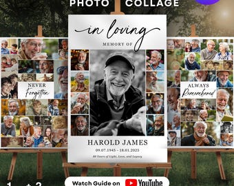 Funeral Photo Collage, In Loving Memory Memorial Sign Board, Funeral Welcome Canva Template – Funeral Photo Sign, 3 Layouts, 13 Sizes