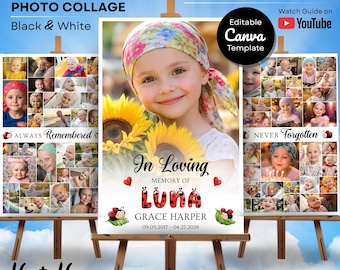 Modelo de colagem de fotos para funeral com tema de joaninha, pôster memorial infantil, download para Canva para celebração da vida.