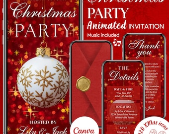 May include: A digital Christmas party invitation set displayed on smartphones featuring a red background with bokeh lights, a white ornament with gold snowflakes, a red envelope with a gold wax seal, and text including Date, Time, and Location.