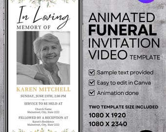 Modelo de convite animado editável para funeral: convite memorial digital (Canva)