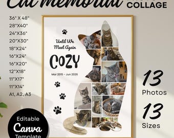 Modelo de colagem de fotos em homenagem a gatos no Canva: Impressão de silhueta editável, 13 fotos, 13 tamanhos.