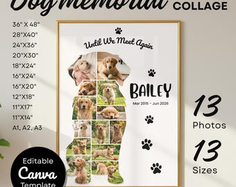 Modelo de colagem para homenagem a Golden Retriever: Arte de parede editável para memorial de animais de estimação, 13 fotos, 13 tamanhos.