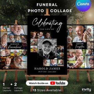 May include: A black funeral photo collage on an easel, featuring a central portrait surrounded by smaller photos. Text includes "Celebrating the Life of," "Always Remembered," and "Never Forgotten." The name "Harold James" and dates are also displayed.