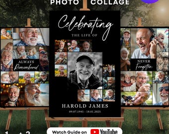 Modello di collage fotografico per funerali: cartello commemorativo, 3 layout (file Canva con download immediato)