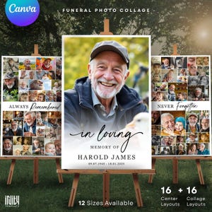 Plantilla de Canva para collage de fotos funerarias: póster de celebración de la vida, letrero conmemorativo, 32 diseños, 12 tamaños, descarga instantánea