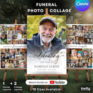 May include: A funeral photo collage featuring a central portrait of a smiling older man, surrounded by smaller photos. The text reads "Celebrating the Life of Harold James" with dates and "80 Years of Light, Love, and Legacy." Additional text includes "Always Remembered" and "Never Forgotten."