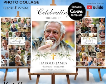 Modelo de colagem de fotos para funeral: Celebração cristã da vida (Canva, download digital)