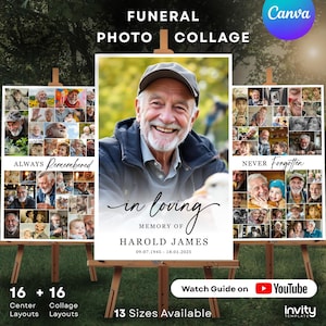 Funeral Photo Collage Canva Template – Celebration of Life Poster – Memorial Display Sign – 32 Layouts, 13 Sizes, Instant Download