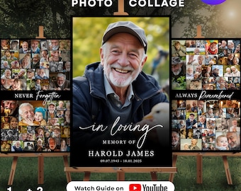 Modelo de colagem de fotos de funeral: placa memorial, 3 layouts (download digital)