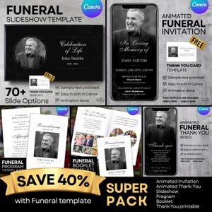 Könnte beinhalten: Ein digitaler Marketing-Flyer für ein Trauerfeier-Vorlagenpaket. Der Flyer zeigt ein Schwarzweißfoto eines Mannes und den Text "Save 40% with Funeral template" in einem gelben Banner. Der Flyer enthält auch den Text "Super Pack" und listet die im Paket enthaltenen Elemente auf: Animierte Einladung, Animierte Dankes-Diashow, Programmheft und Dankeskarte zum Ausdrucken.