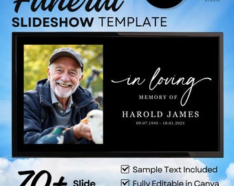 Modelo de apresentação de slides para funeral no Canva, vídeo de celebração da vida, apresentação de slides com fotos de homenagem, apresentação de cerimônia editável