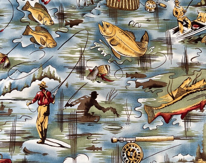 The Reelin Vintage Fishing Fabric Out of Print Alexander Henry Fabric