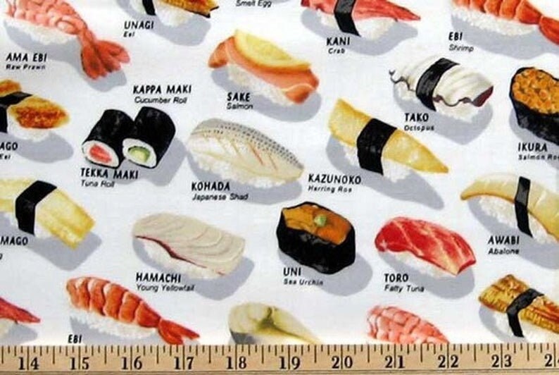 BHY White Chopsticks Please Fabric By The Yard RARE OOP Robert Kaufman Sushi Fabric