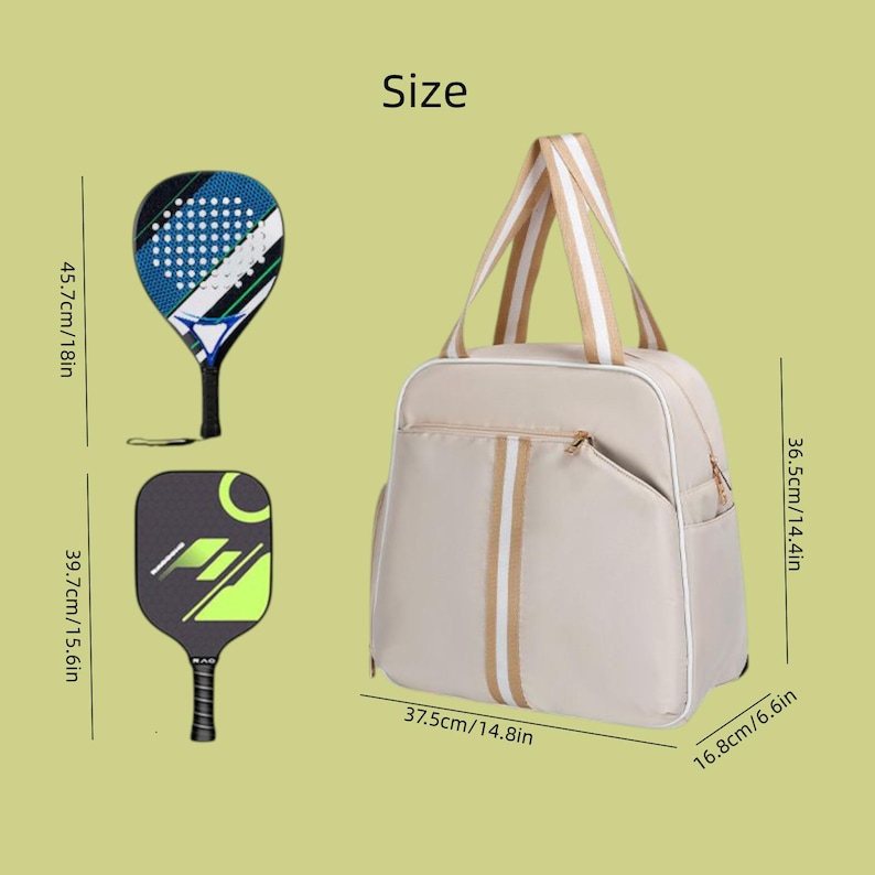 May include: A beige sports bag with white and tan stripes, measuring 37.5cm wide, 36.5cm high, and 16.8cm deep. Two pickleball paddles are shown, one blue and black, the other black and green. The bag has a zippered pocket.
