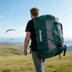 May include: A person wearing a dark green and gray backpack with the text "YOWFLY" on the side, walking on a grassy hill. A paraglider is visible in the background, under a clear blue sky.