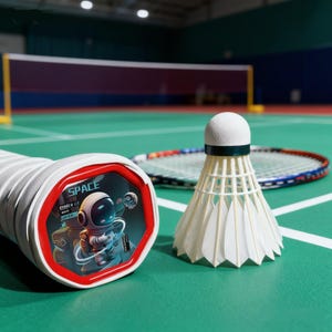 Puede incluir: Una raqueta de bádminton con un agarre blanco y gris con un gráfico temático espacial y la palabra "SPACE". Un volante blanco y una red de bádminton están en el fondo. La cancha es verde.