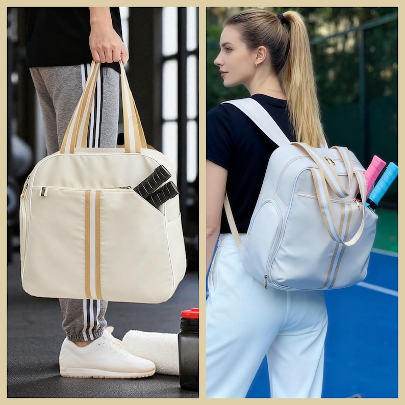 May include: Cream-coloured tennis bag with tan and white stripes. The bag has a pocket with two black tennis racket handles visible. The bag is being carried by a person wearing grey sweatpants and white trainers. Another person is wearing the bag as a backpack.
