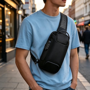 May include: A black sling bag with a smooth, structured exterior and a built-in combination lock on the front. The bag features a wide, padded shoulder strap with a mesh texture and is worn across the chest over a light blue short-sleeved t-shirt.