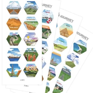 May include: Sheets of travel-themed stickers with hexagonal designs showcasing illustrations of landmarks and landscapes from various countries. The stickers include text such as "New Zealand," "China," and "Canada."