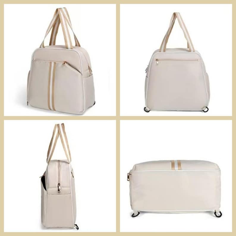 May include: A beige travel bag with a rectangular shape, featuring two vertical stripes and a horizontal stripe in a lighter beige colour. The bag has two handles and a zip closure. The bag has wheels.