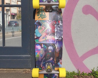 May include: A skateboard with a colorful graphic design featuring anime-style illustrations and the text "Custom Skateboard Stickers." The board has yellow wheels and silver trucks. The artwork includes various characters and a Japanese symbol.