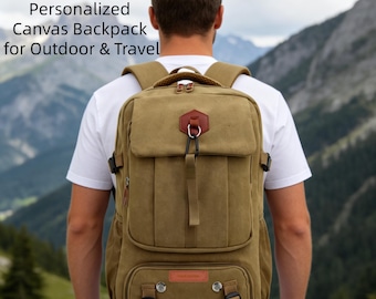 May include: A canvas backpack in a khaki color, designed for outdoor and travel use. The backpack has multiple pockets, a top handle, and adjustable straps. The text "Personalized Canvas Backpack for Outdoor & Travel" is visible on the image.