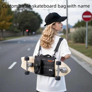 May include: Black skateboard bag with adjustable straps, holding a skateboard. The bag has multiple pockets and the text "HACKAR". The image also includes the text "Customizable skateboard bag with name".