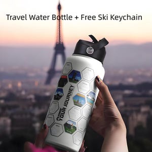 Adventure Tracker Water Bottle with FREE Sticker Set  - Hand-Drawn-Free Ski Keychain Included