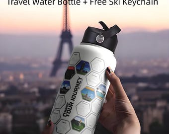 Adventure Tracker Water Bottle with FREE Sticker Set  - Hand-Drawn-Free Ski Keychain Included