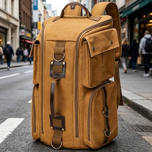 May include: A tan canvas backpack with multiple pockets and brown leather detailing. The rucksack features a top handle, adjustable straps, and metal fixtures. Ideal for travel and outdoor pursuits, it measures approximately 40cm in height.