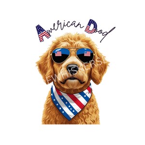 Doodle del 4 de julio PNG, Labradoodle patriótico SVG, Perro americano PNG, Clipart de perro, Doodle dorado PNG, Amante de los perros, Labradoodle australiano