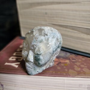 May include: A clear quartz skull with green and white moss inclusions. The skull is carved in a realistic style and has a smooth, polished finish.