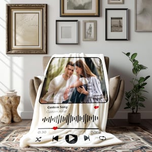 Personalized Music Photo & Song Blanket, Blanket with Custom Photo, Couples Gift, Photo Music Code Music Blanket, Blanket Wedding Gift