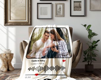 Gepersonaliseerde muziekfoto en lieddeken, deken met aangepaste foto, cadeau voor stellen, fotomuziekcode muziekdeken, deken huwelijkscadeau