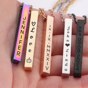 Personalized Engraved Minimalist Jewelry Valentine Day Gift Necklace, Custom Engraved Bar Necklace, Date Necklace 3D Bar, Necklace for Women