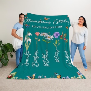 Customized Grandmas Garden Blanket, Mother&#39;s Day Gift, Moms Garden Flower Gift, Birthmonth Flowers with Family Names, Custom Blanket Grandpa